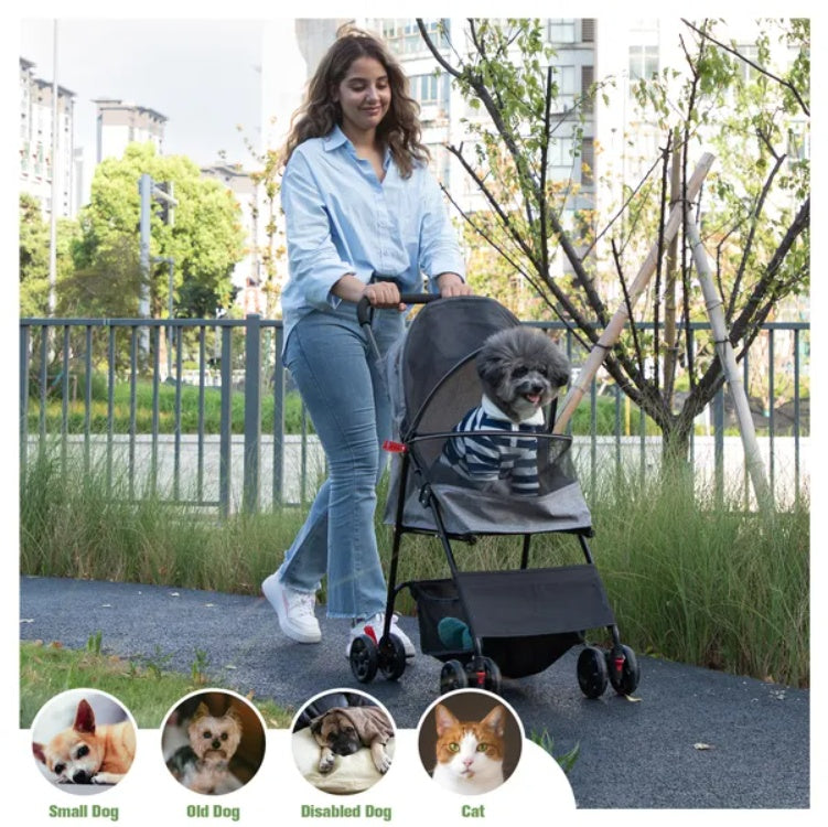 Foldable Pet Stroller With Storage Basket For Small Puppies