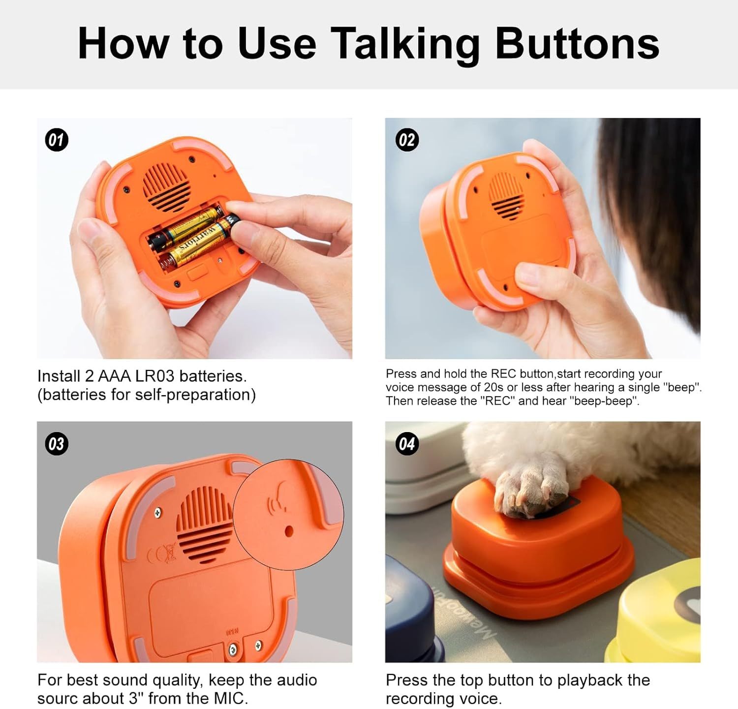Dog Talking Buttons Set - 3 Recordable Communication Buttons